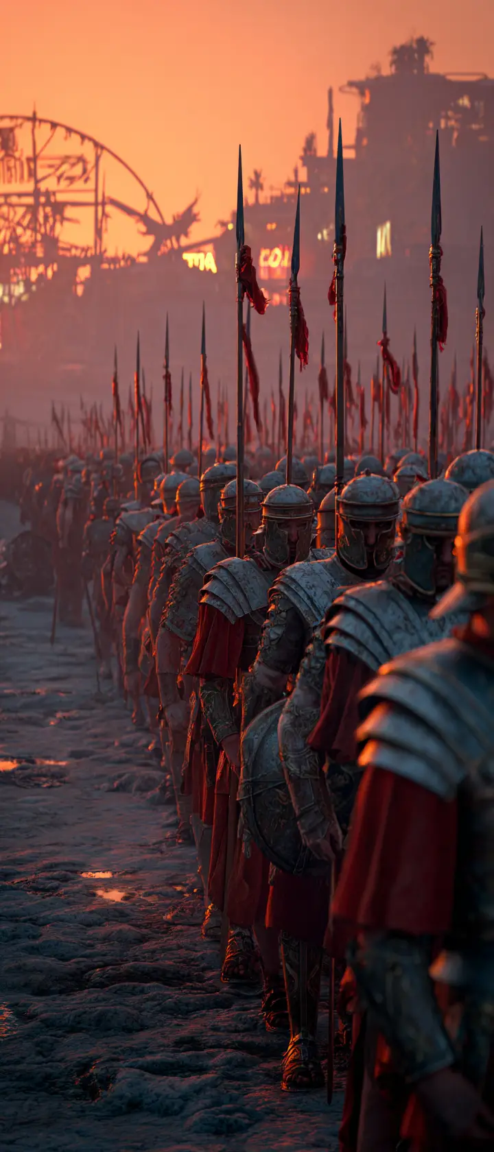 Roman legion marches through ruined Las Vegas at dusk