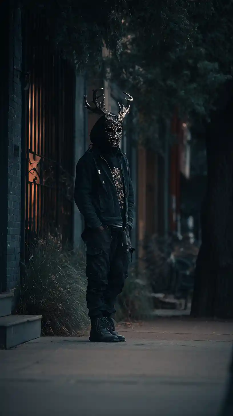 Masked man walking alone along a shadowy city street