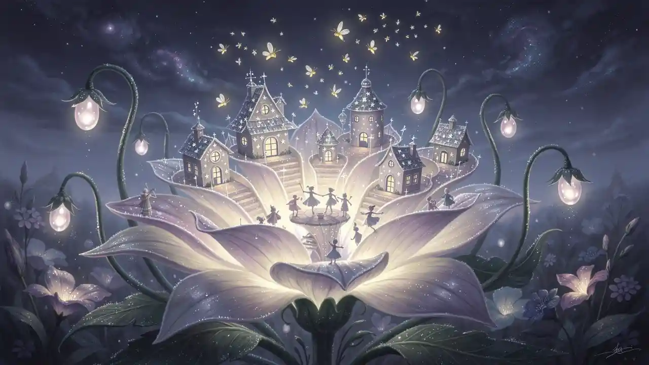 Tiny Fantasy Town On Glowing Moonflower Petals At Night