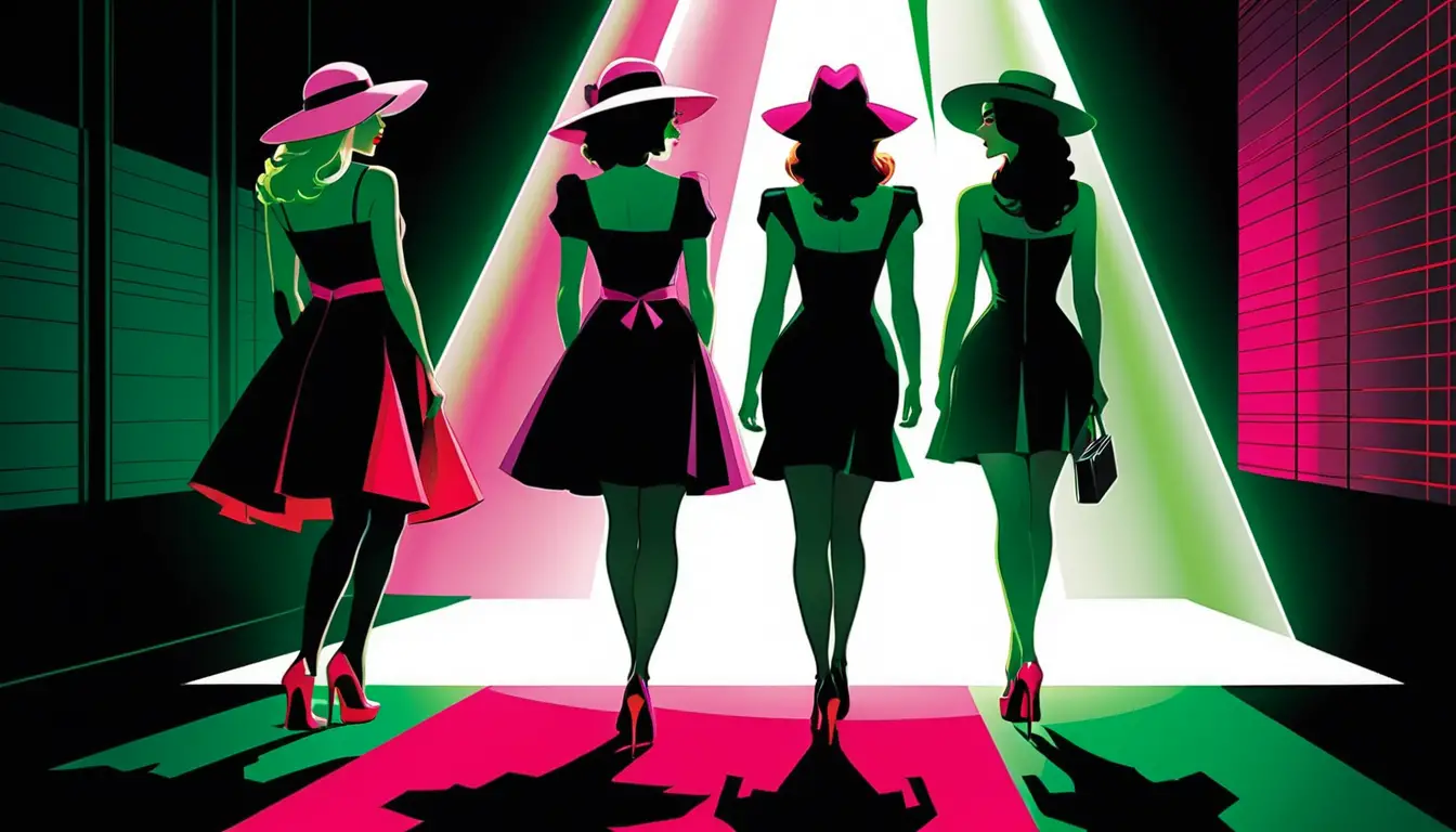 Three stylish women in a dim comic interior scene