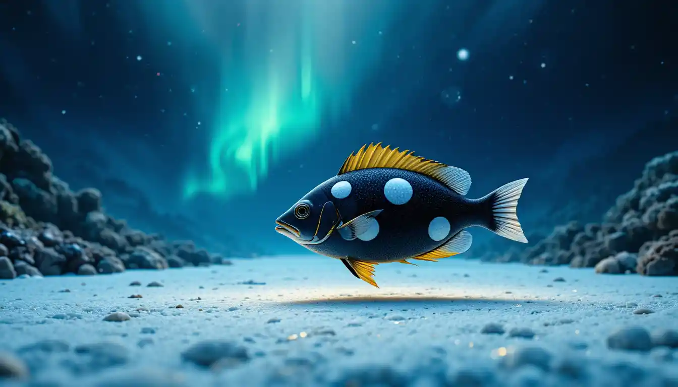 Colorful reef fish gliding through a tranquil polar seascape