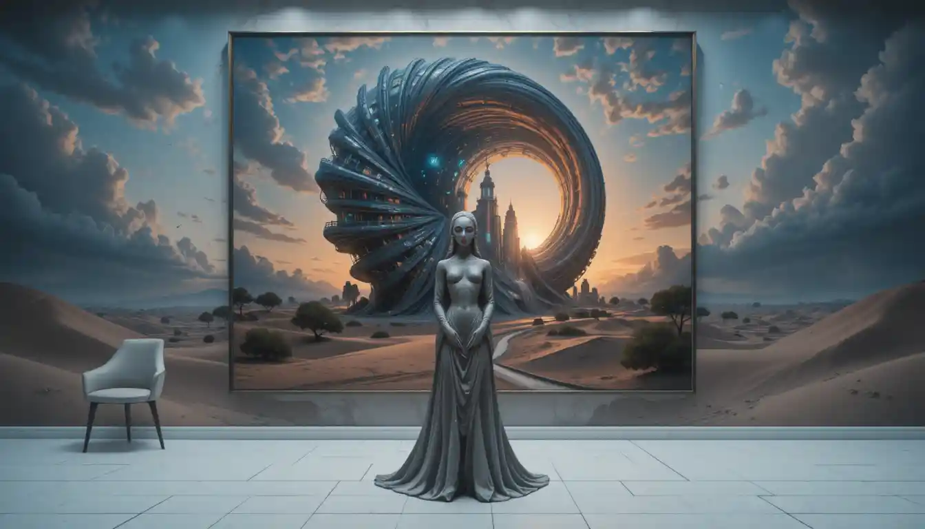 Futuristic Spiral Building Rising Above Desert Dunes at Dusk