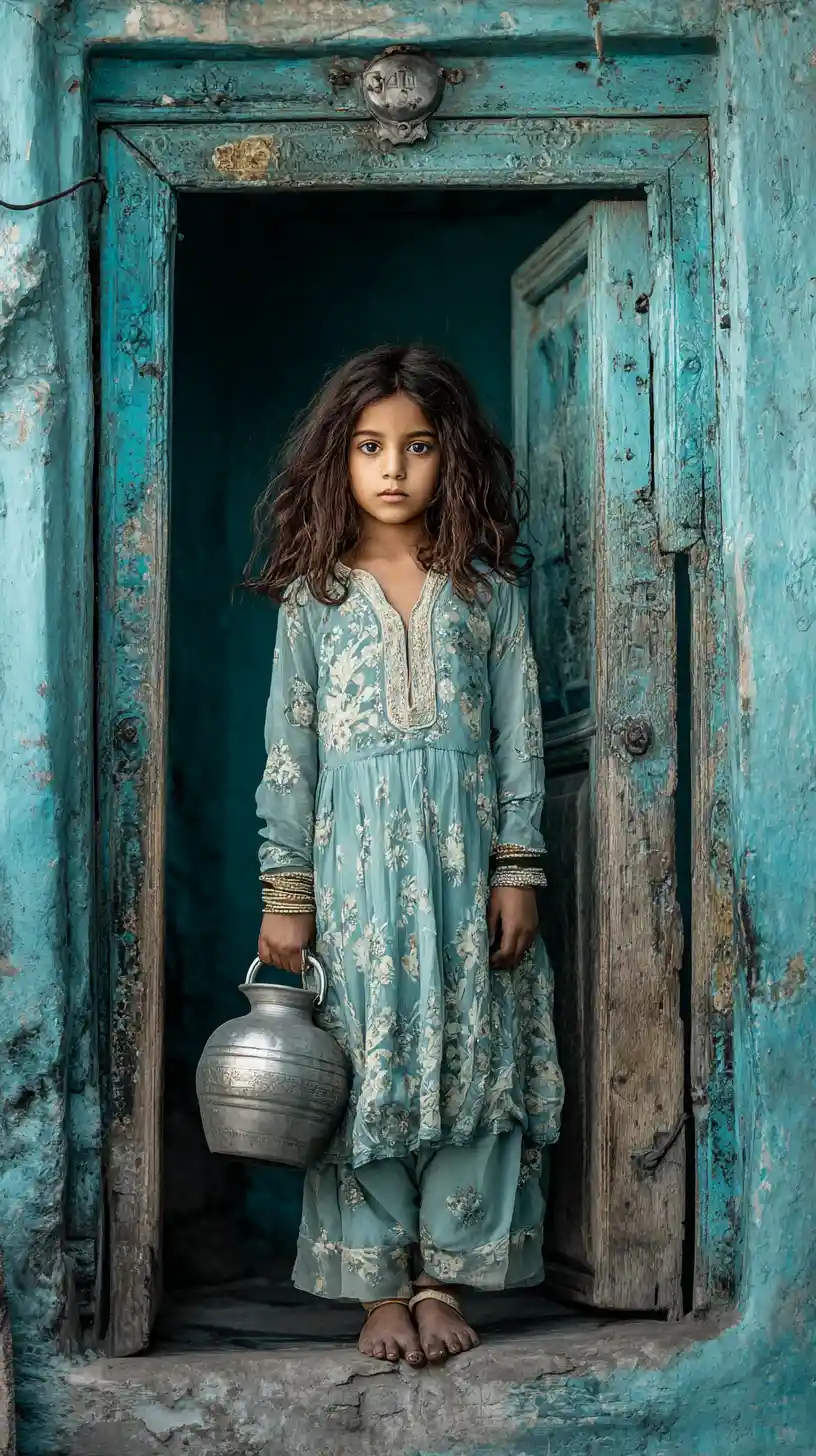 Young girl in blue salwar kameez standing in old doorway