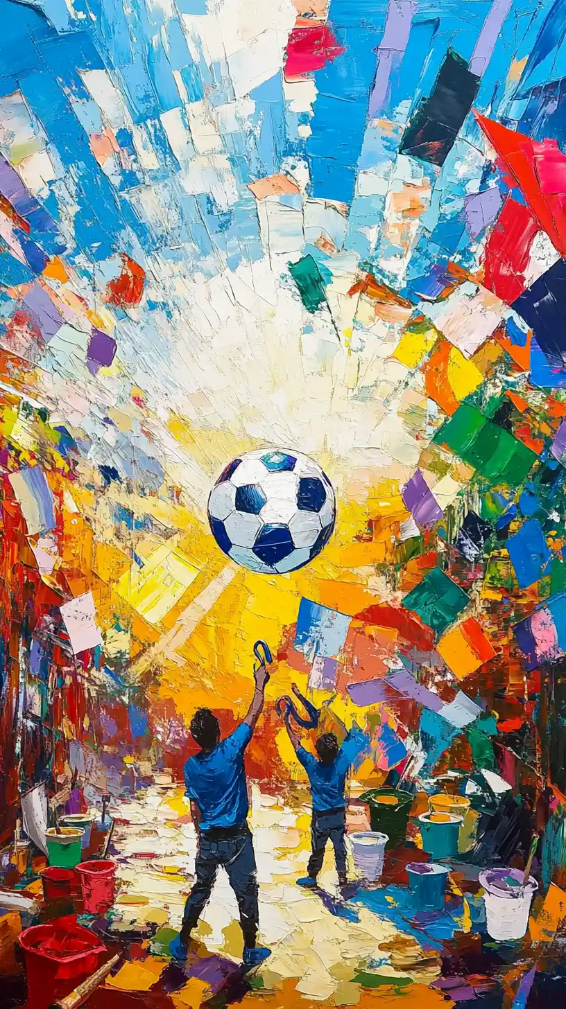 Künstler malen ein riesiges Fußball-Wandbild an eine Stadtmauer