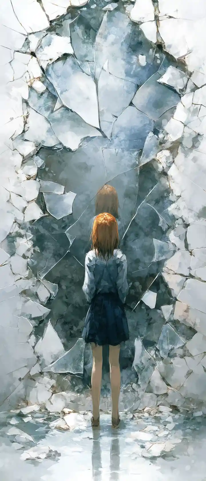 Heartbroken anime woman before a colossal cracked mirror