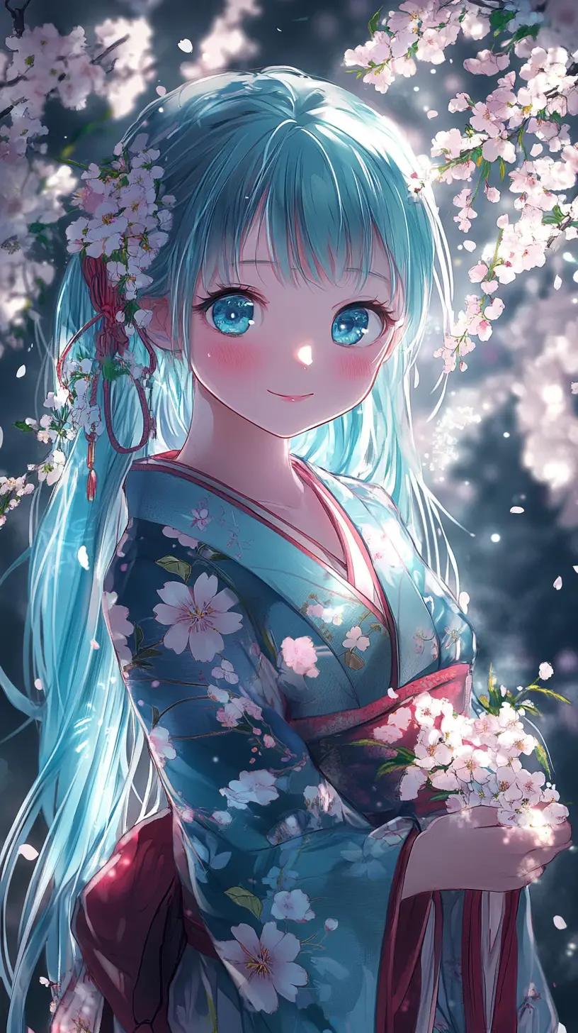 Anime girl in floral kimono amid soft cherry blossoms