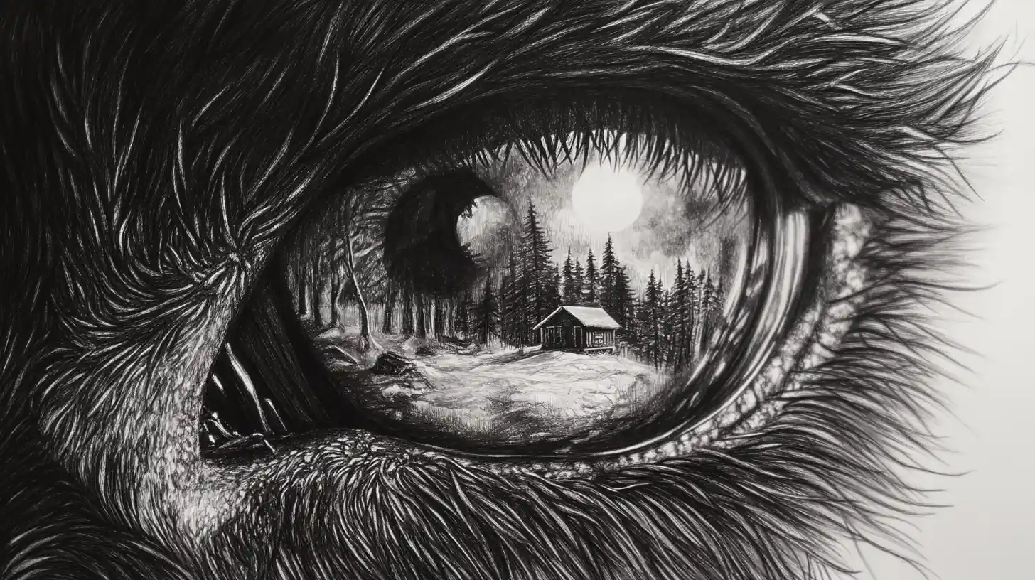 Extreme close up graphite illustration of a wolf eye