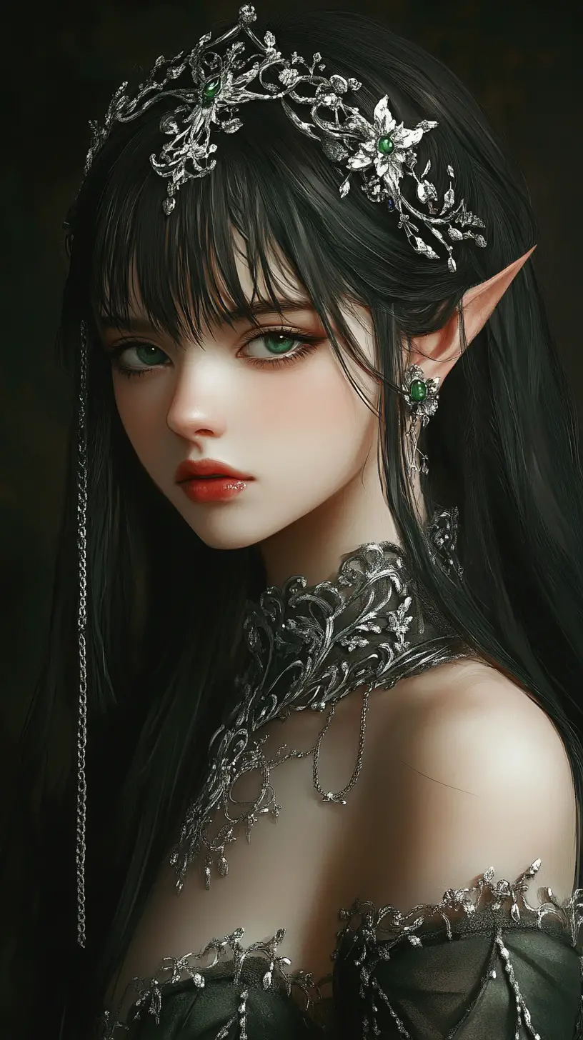 은빛 장신구를 한 몽환적인 다크 엘프 소녀 초상