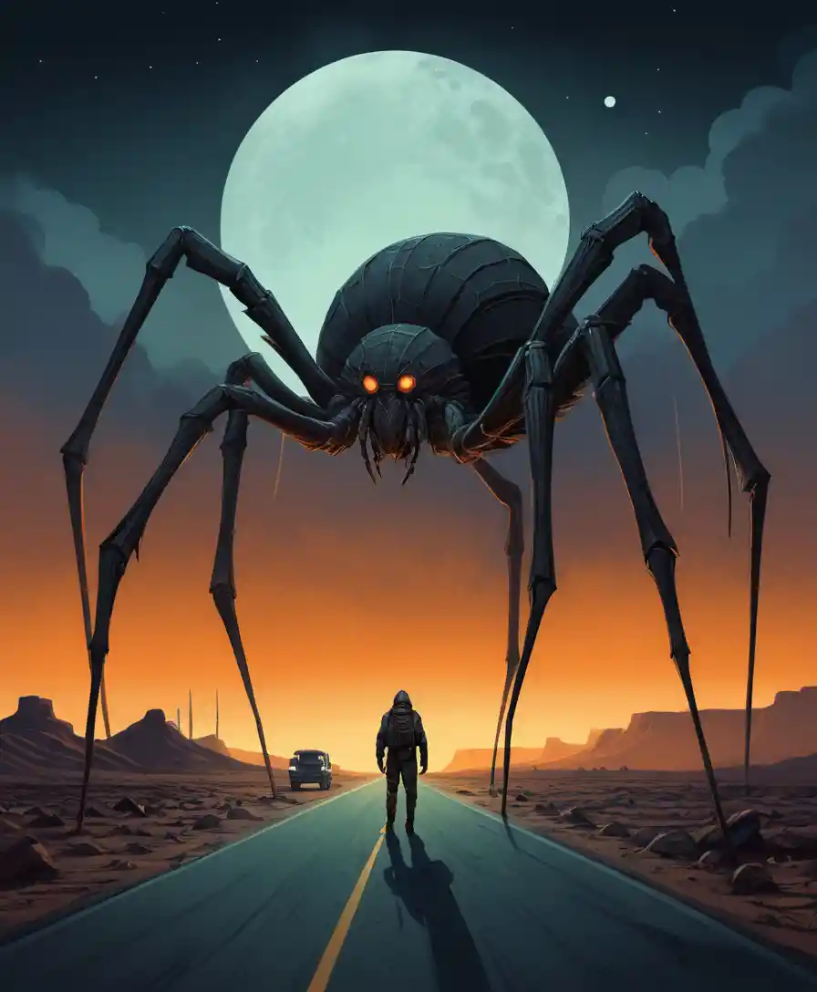 Colossal spider creature looming over a dusty desert road
