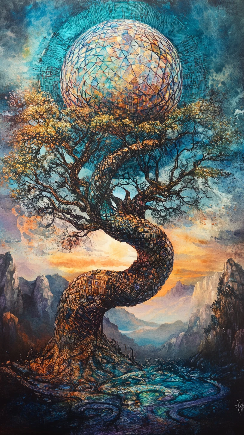 Surreal digital tree in a mystical coded landscape