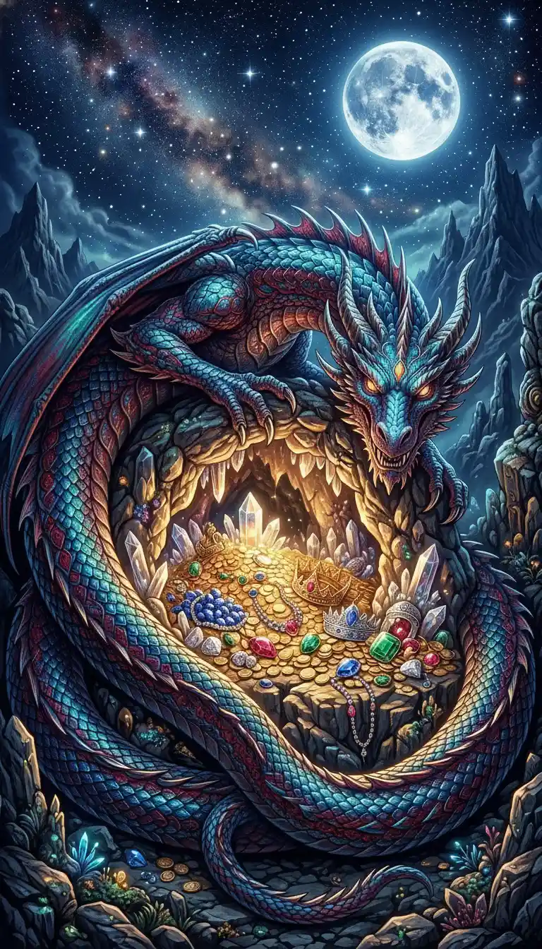 Ancient Dragon Guarding A Glowing Crystal Treasure Cave