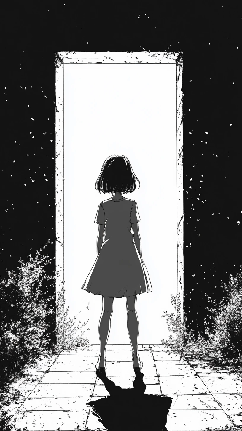 Silueta de niña en un umbral a contraluz con altas paredes oscuras