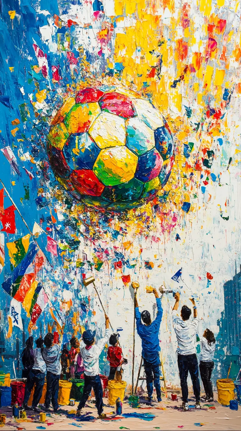Des artistes peignant une immense fresque de football sur un mur de la ville