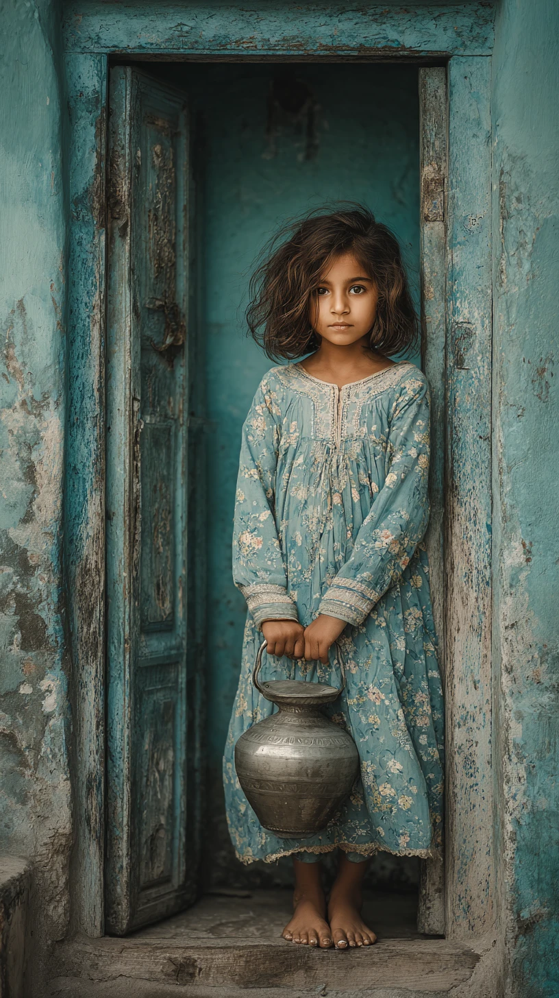 Young girl in a blue doorway with metal water vessel