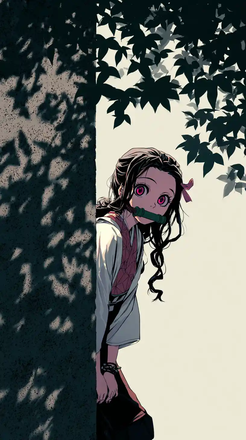 Anime girl with bamboo muzzle in dappled forest sunlight