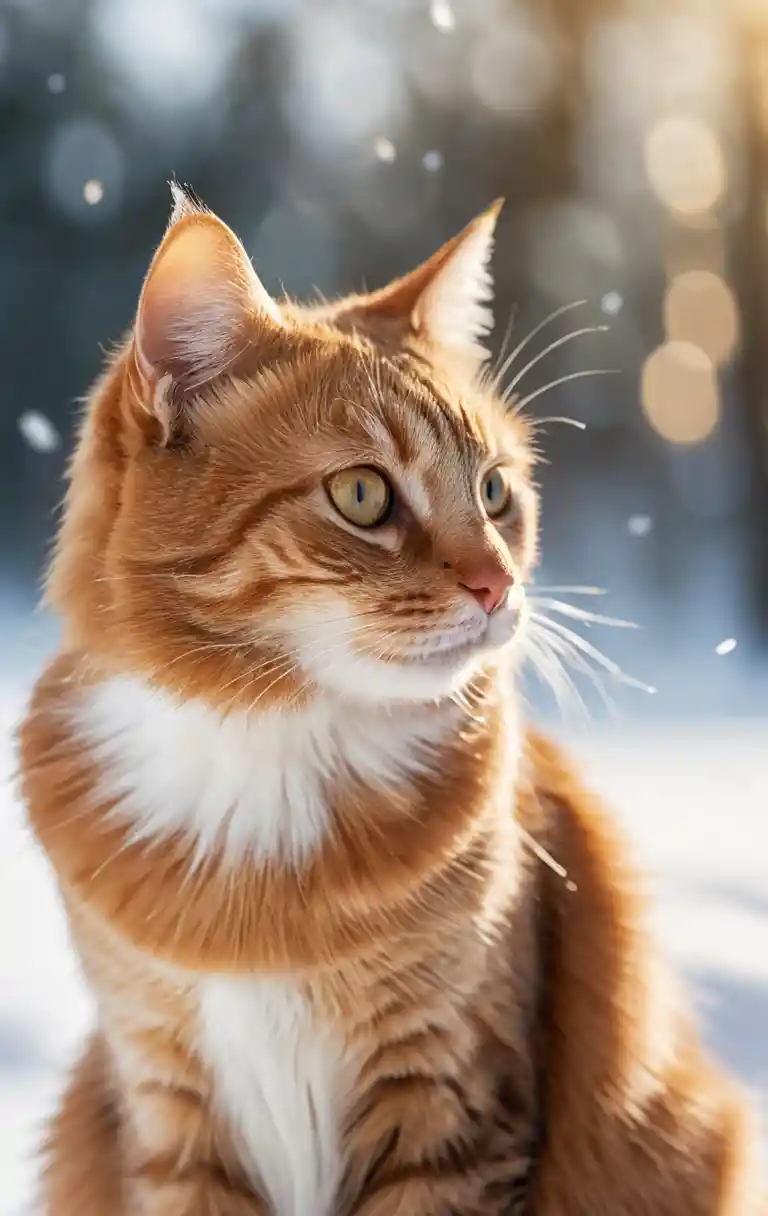Close up ginger cat watching a small bird in snow