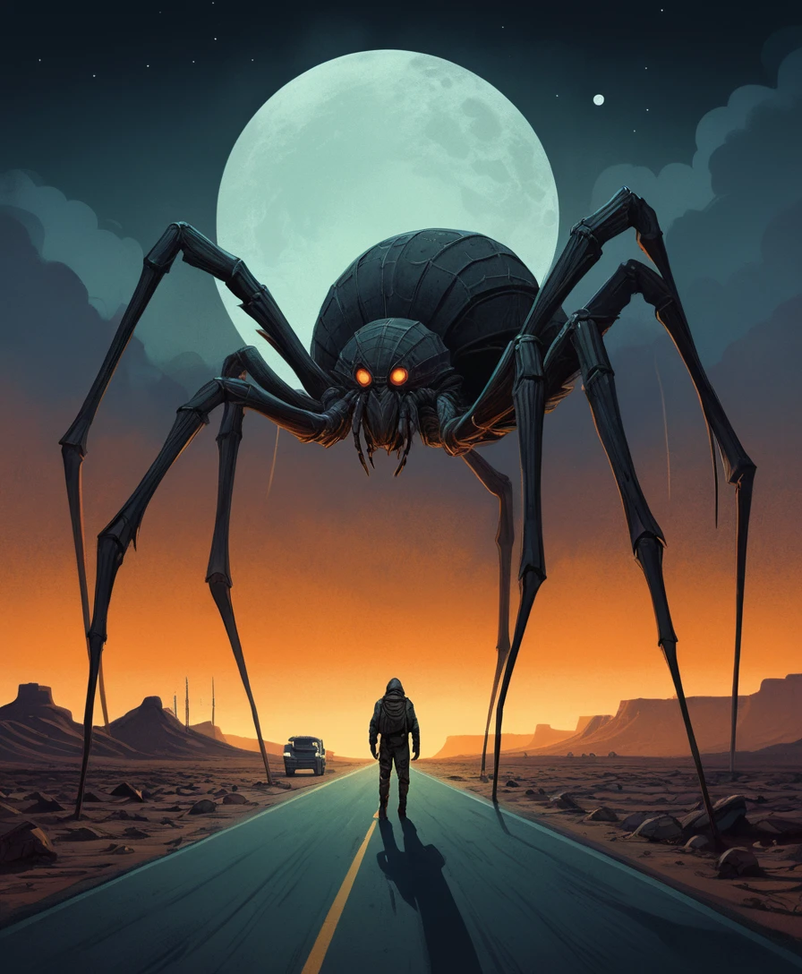 Colossal spider creature looming over a dusty desert road