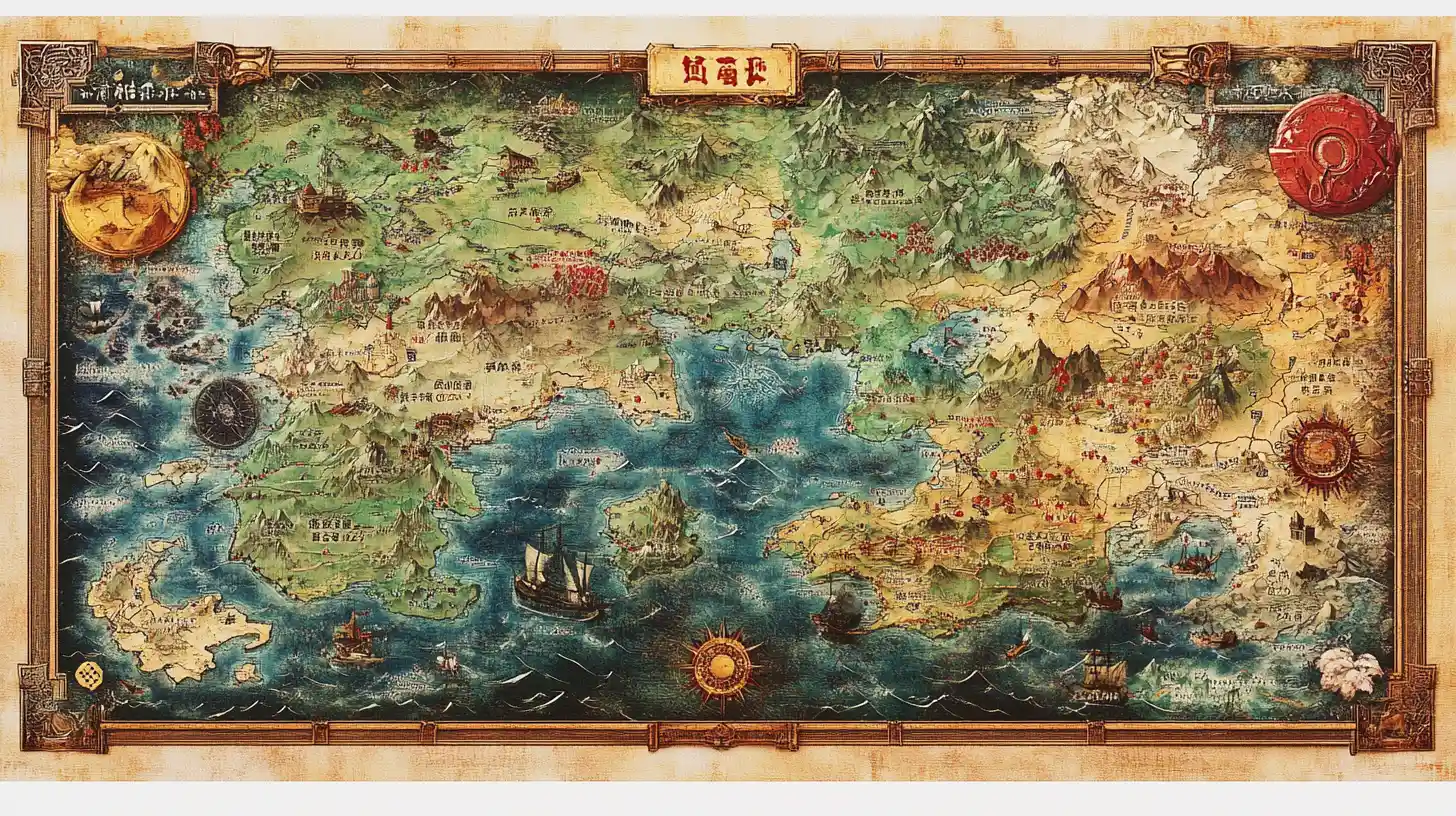 Colorful fantasy world map with detailed 3D terrain