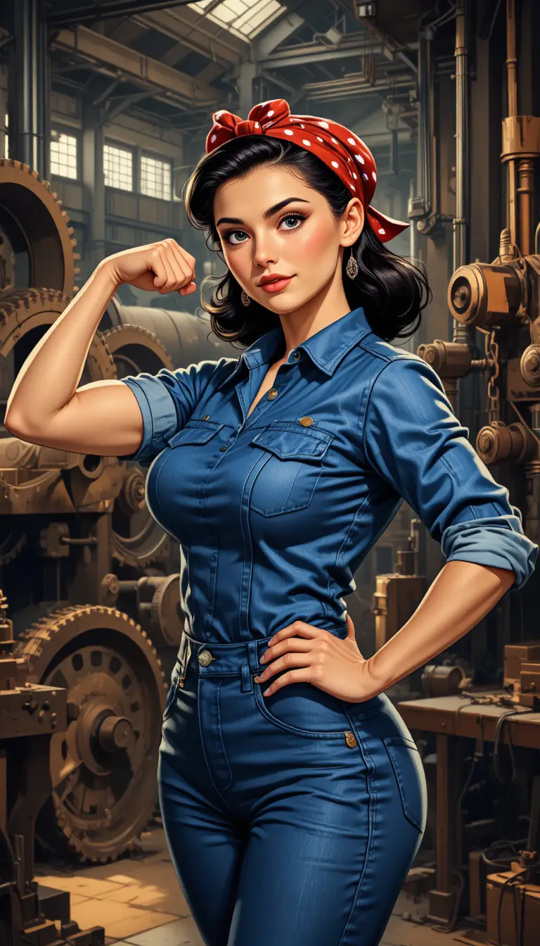 Confident woman flexing her arm in a dramatic factory scene