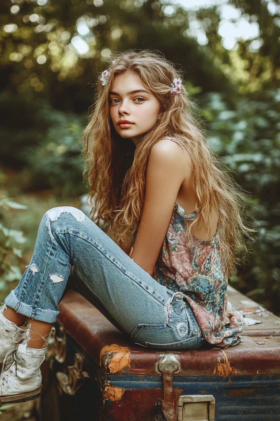 Teen girl sitting on vintage suitcase in dreamy garden