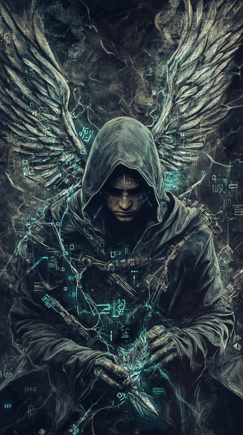 Cyberpunk angelic figure holding electric digital bird
