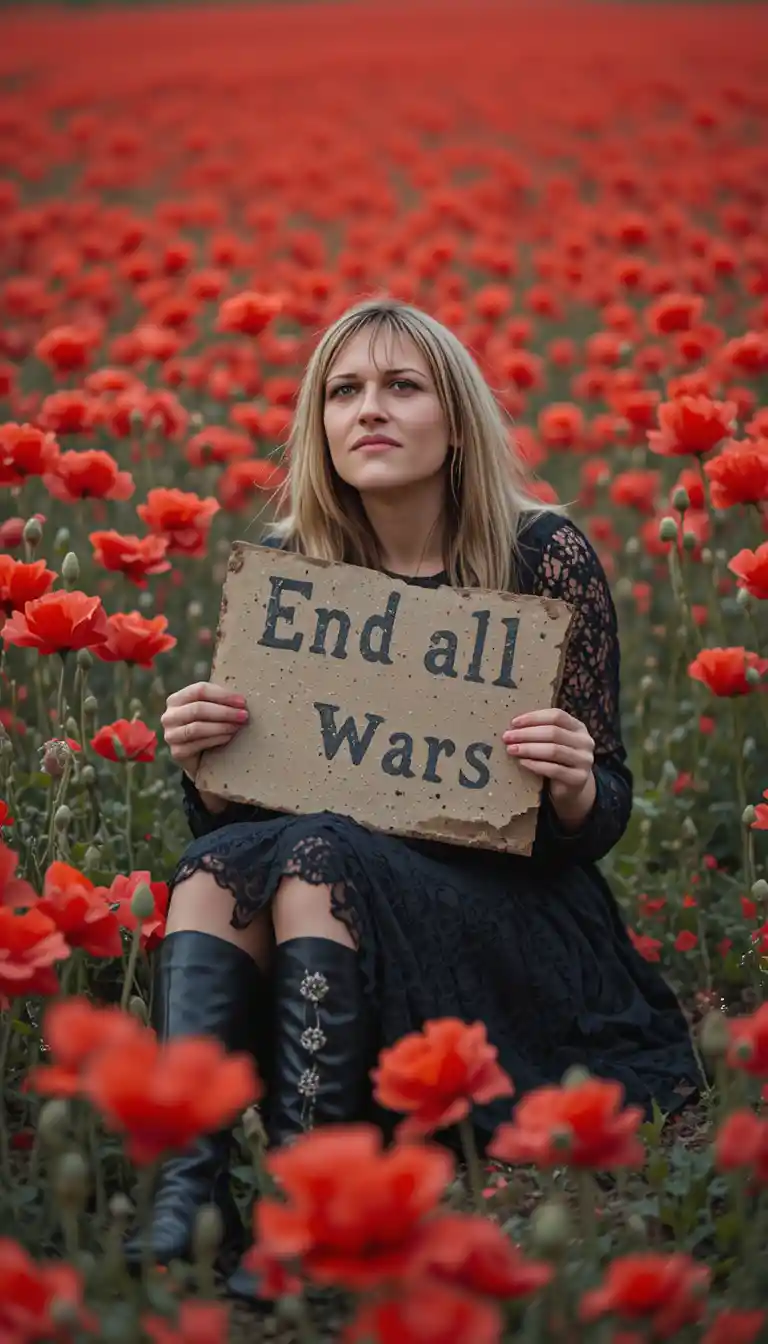 Young woman in black dress among endless red poppy field