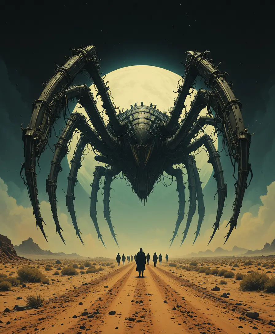 Monstro colossal parecido com uma aranha pairando sobre uma estrada empoeirada no deserto