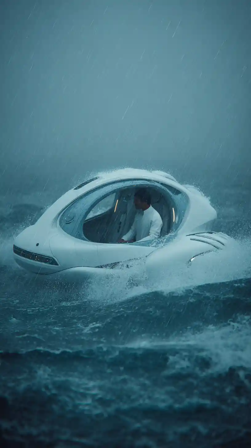Afrofuturistic man piloting a pod over stormy ocean waves