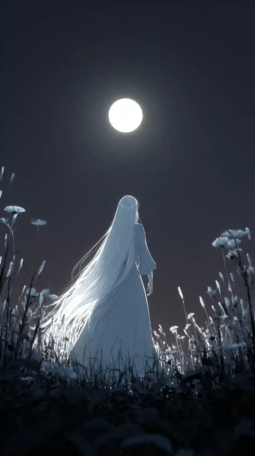 Moonlit anime girl with flowing white hair in a field