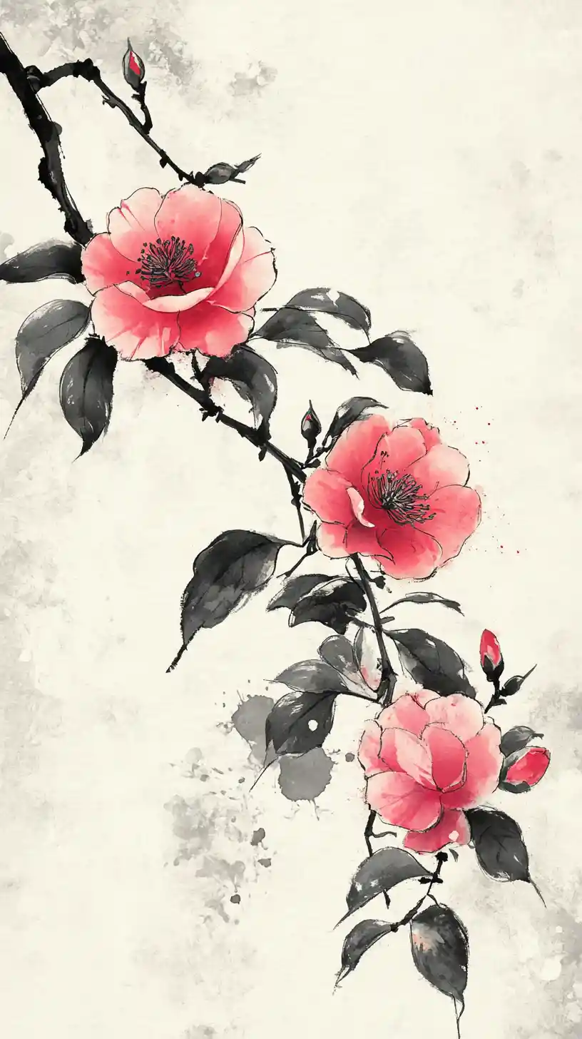 Camelia en la suave luz de la madrugada en pintura a tinta
