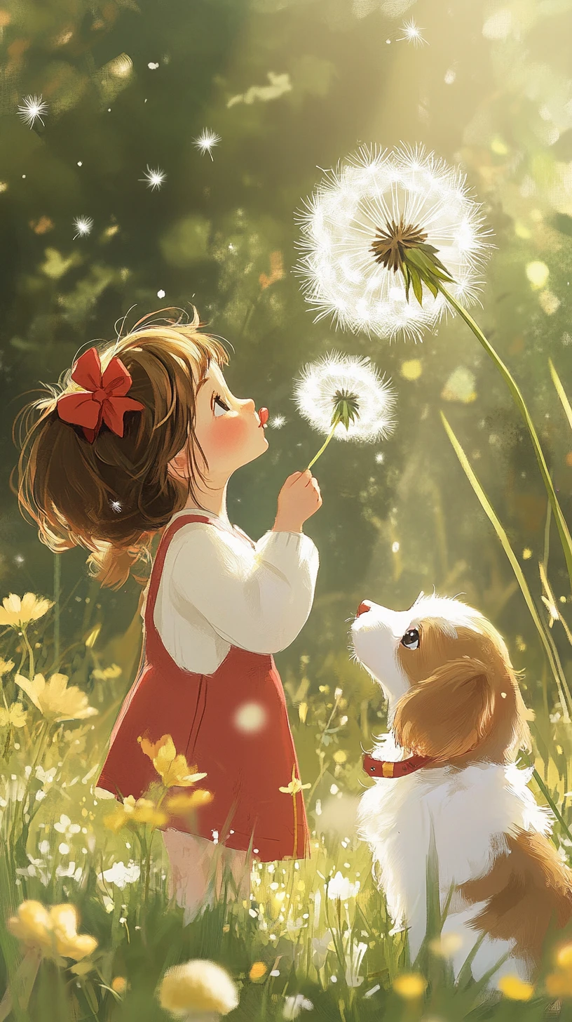 Young girl and puppy playing with dandelions in meadow