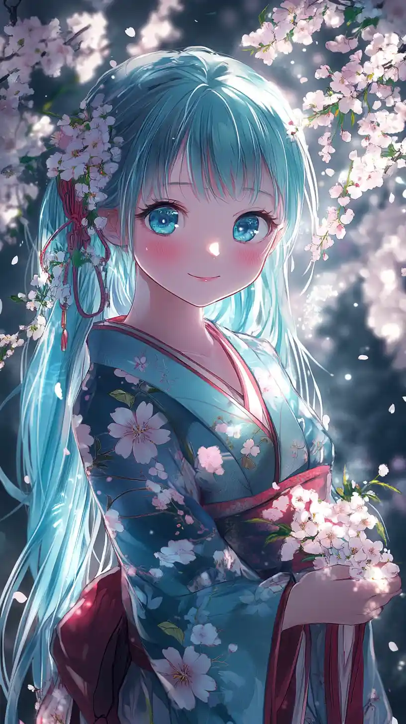 Anime girl in floral kimono amid soft cherry blossoms
