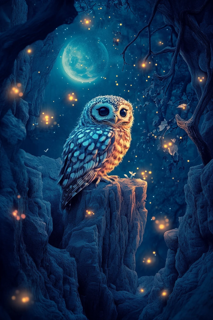 Búho bebé sobre bosque nocturno brillante y acantilados en capas
