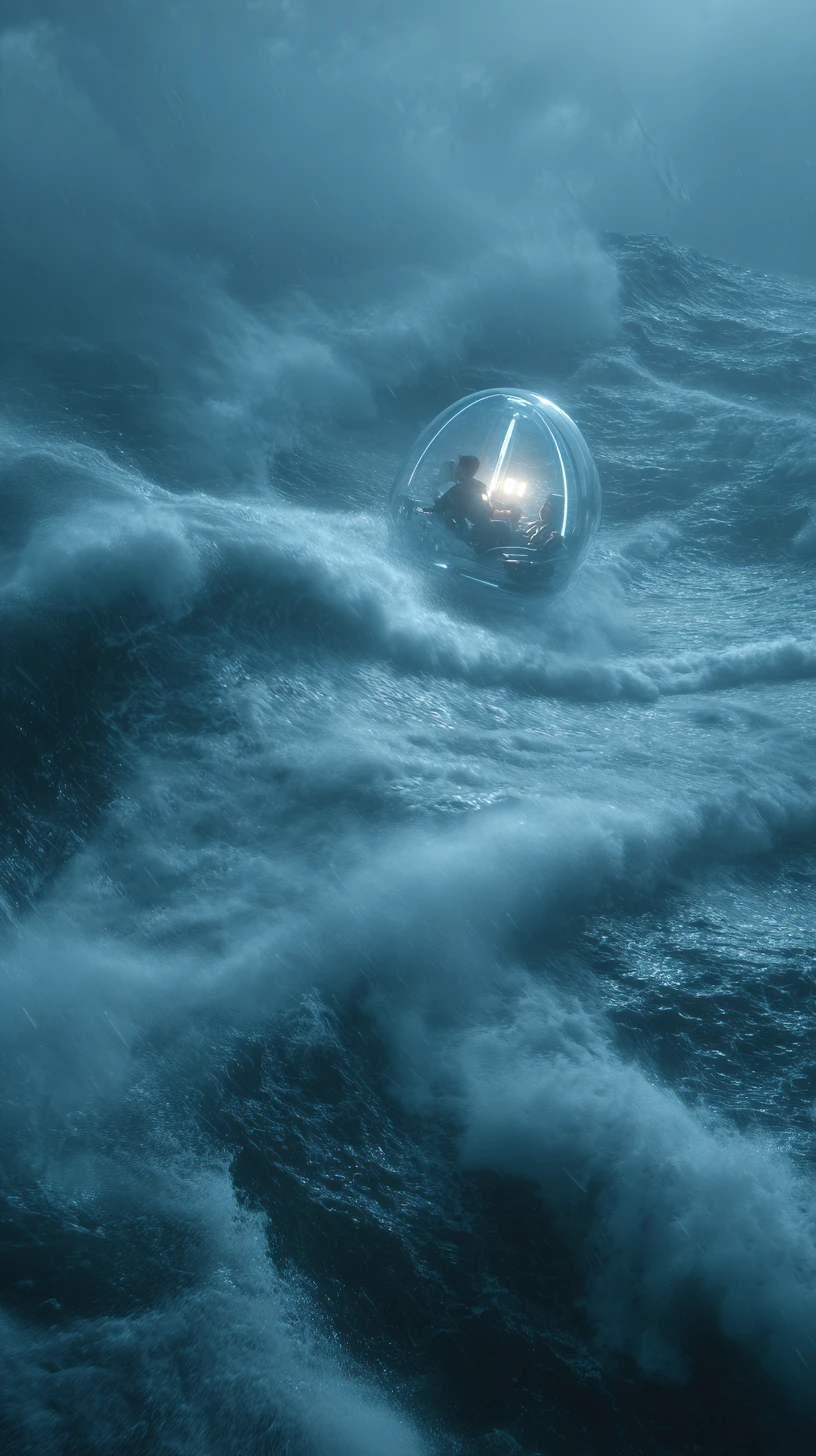 Afrofuturistic man piloting a pod on stormy ocean waves