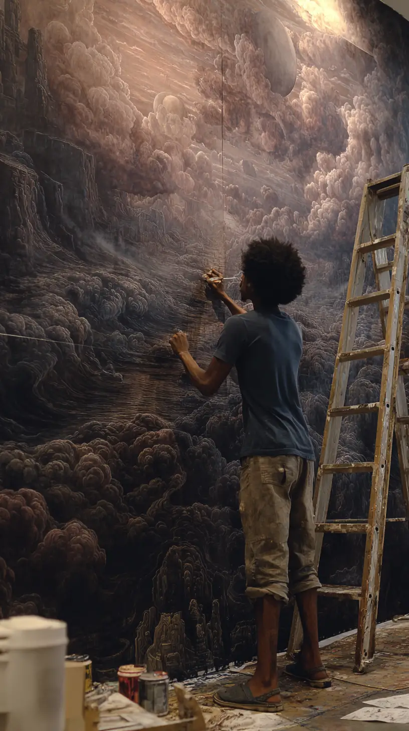 Man painting a vast surreal mural of cosmic space