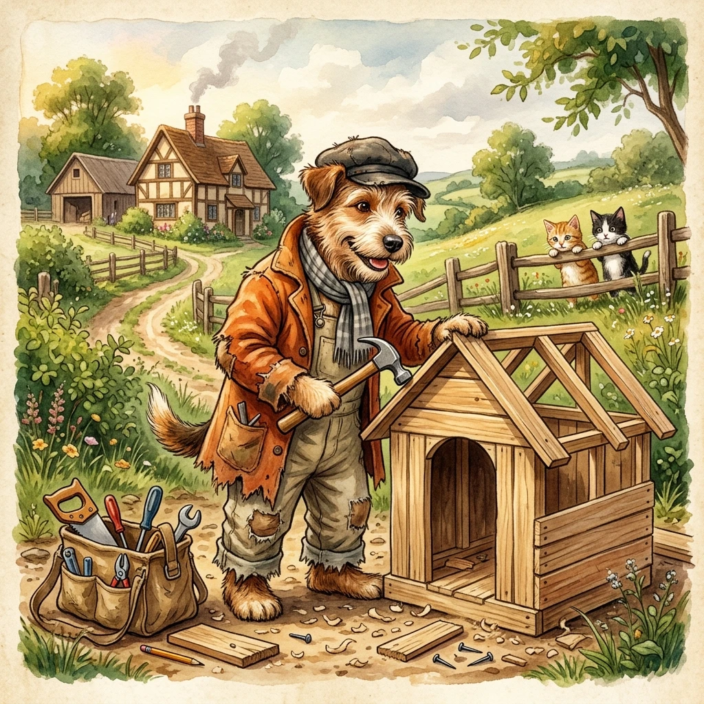 Cute dog carpenter builds a wooden doghouse on a farm