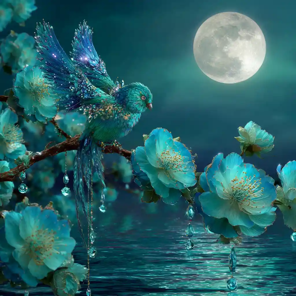 Ethereal fairy on a blooming branch under glowing full moon