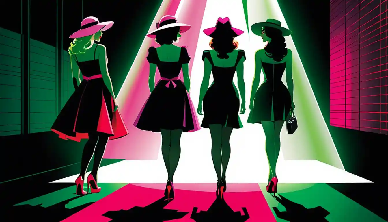 Tres mujeres elegantes en una escena interior oscura de estilo cómic