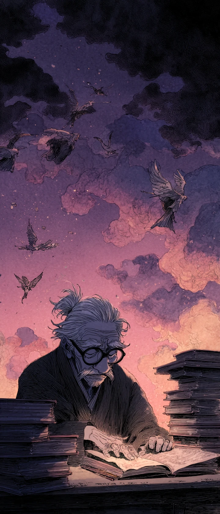 Elderly Anime Storyteller Closing His Final Book At Twilight