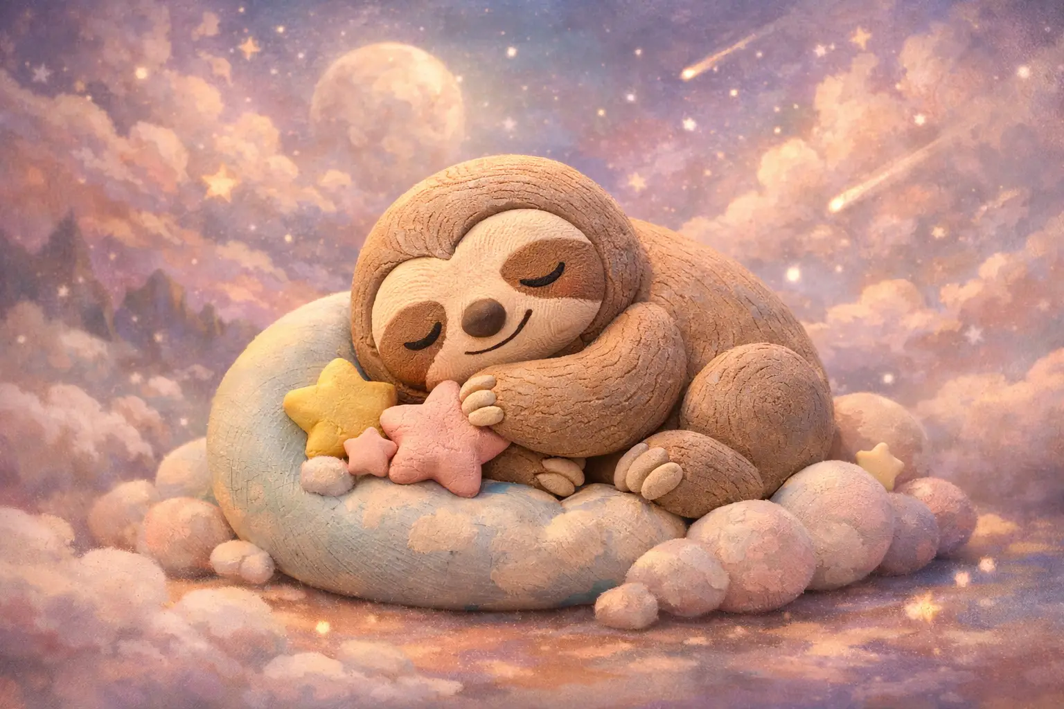 Sleepy clay sloth sculpture in soft pastel illustration
