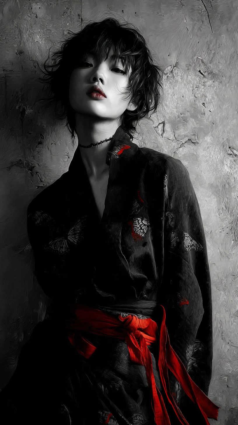 Melancholic woman in stitched kimono with butterflies