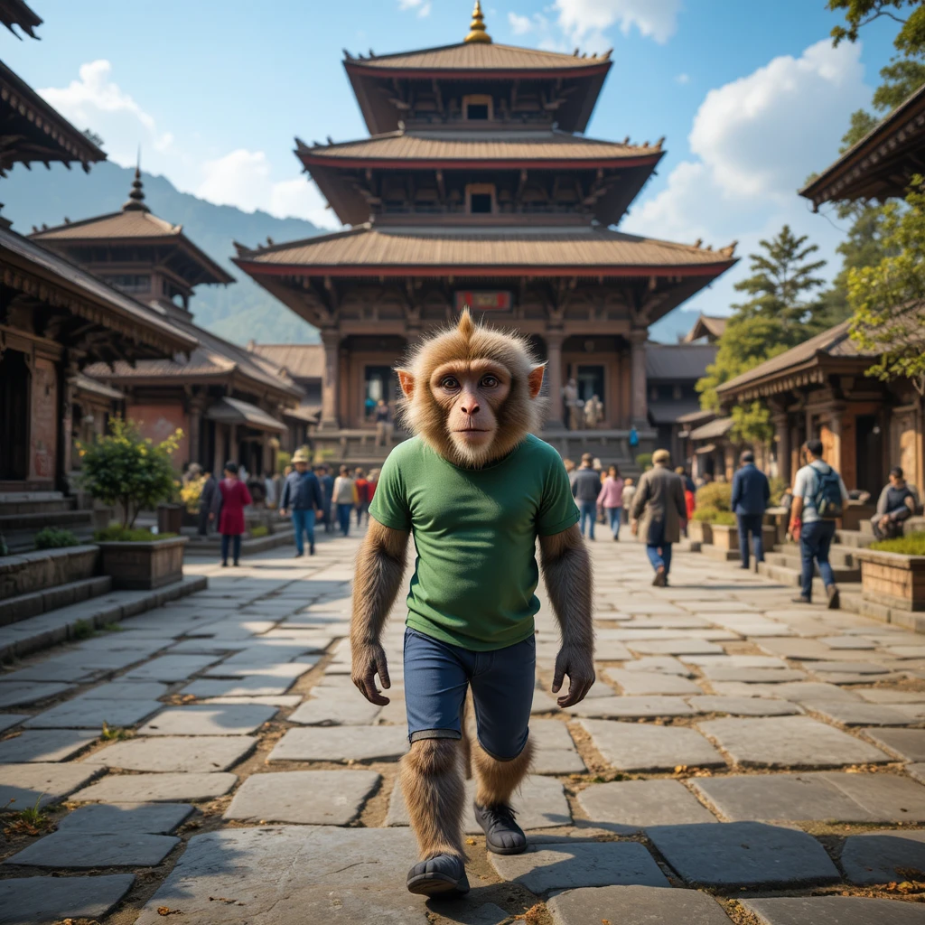 Realistic monkey in clothes walking through Hindu temple