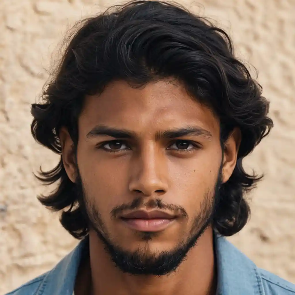 Young tan skinned man with long wavy black hair