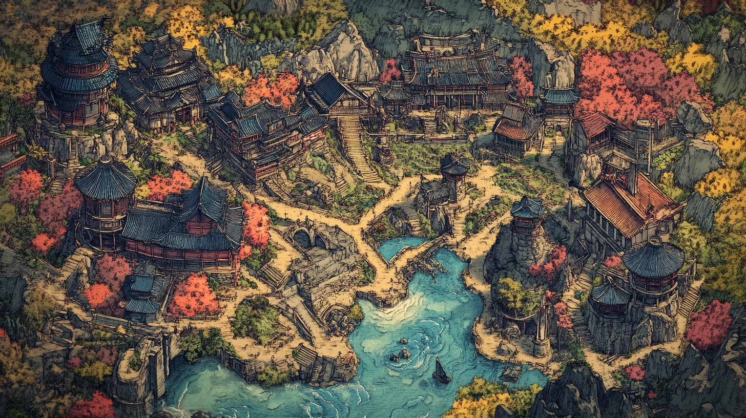 Colorful fantasy world map with detailed topographic terrain