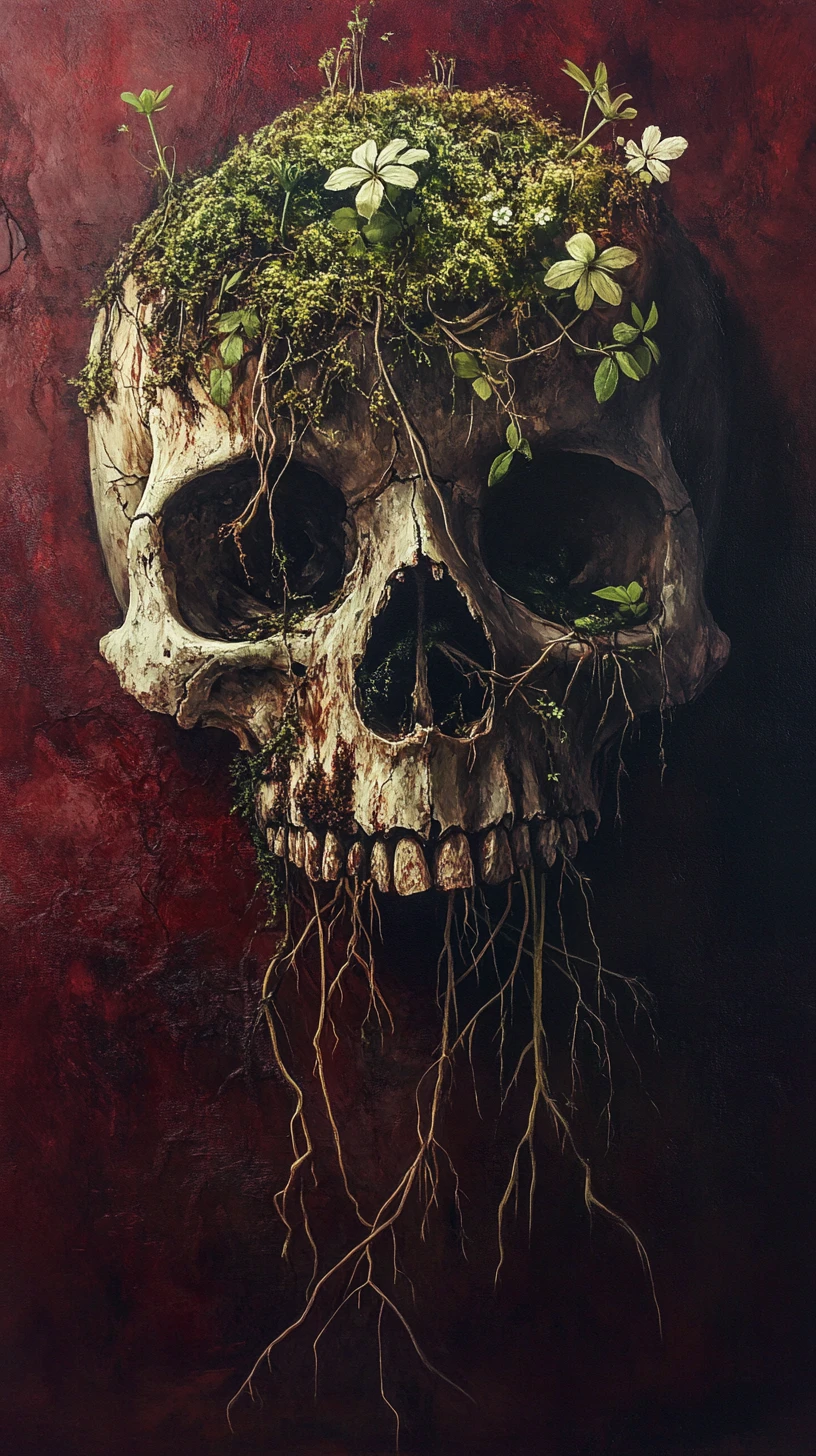 Calavera surrealista con musgo y flores en pintura gótica