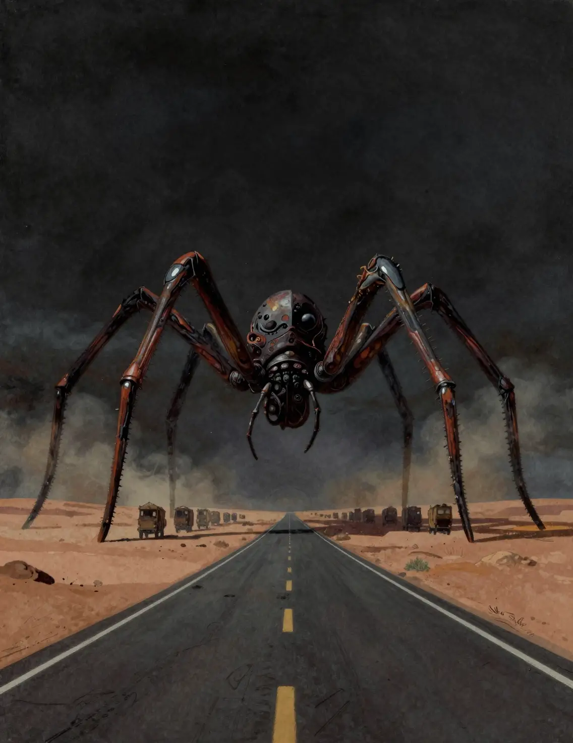 Monstro colossal em forma de aranha pairando sobre uma estrada no deserto