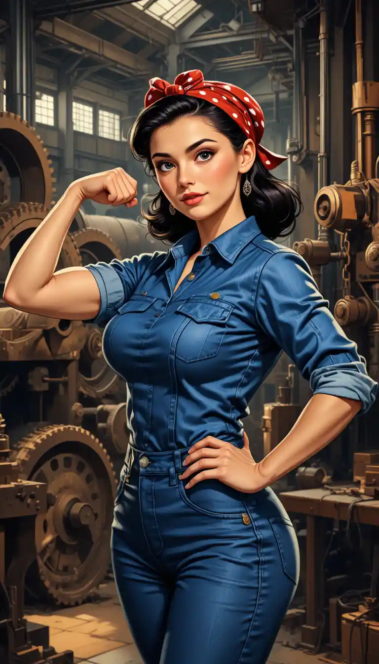 Confident woman flexing her arm in a dramatic factory scene