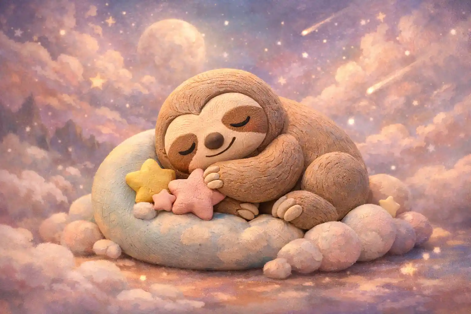 Sleepy clay sloth sculpture in soft pastel illustration