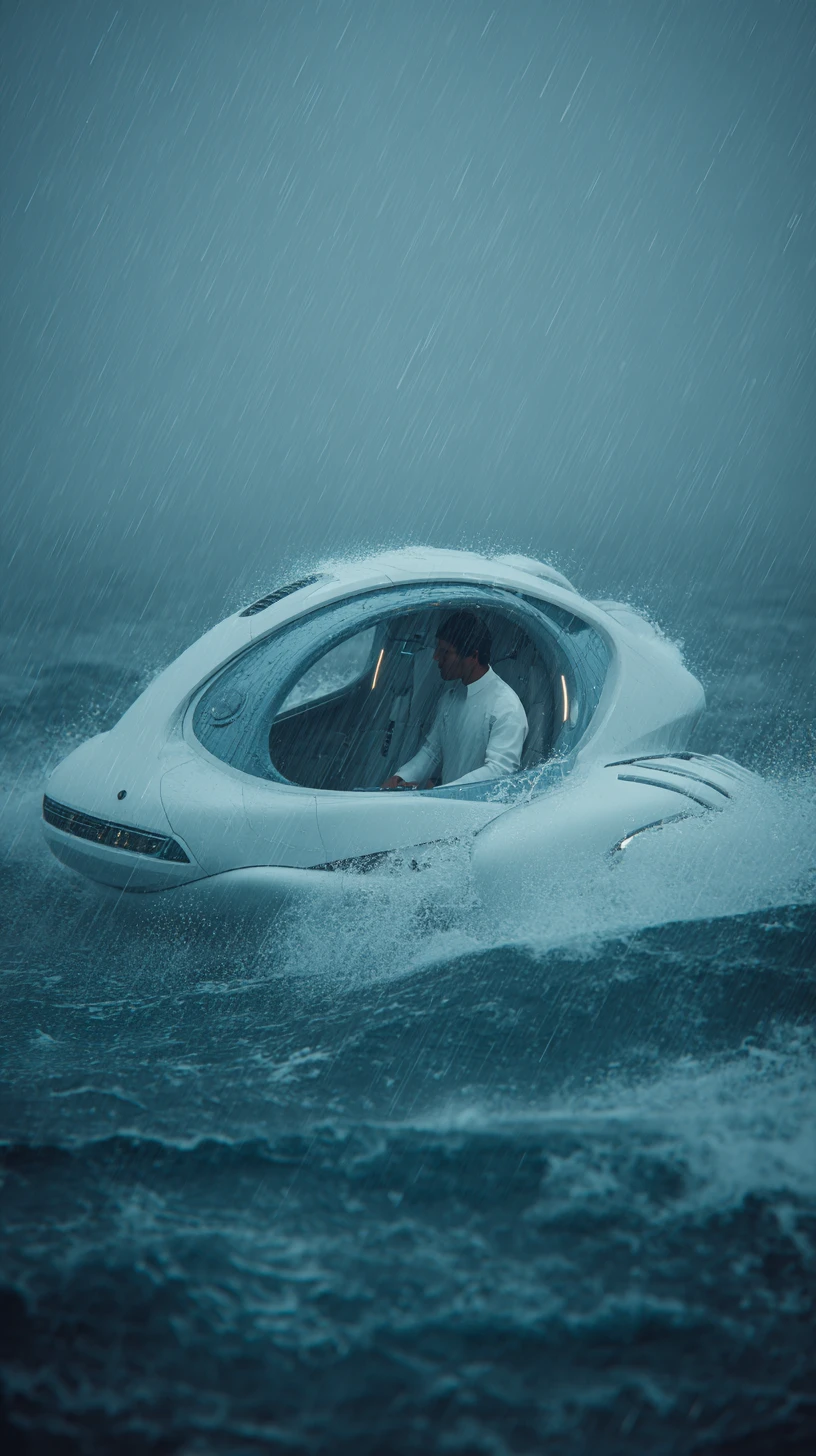 Afrofuturistic man piloting a pod over stormy ocean waves