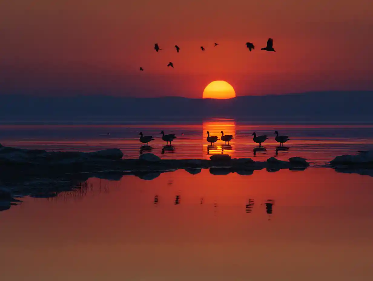Atardecer pacífico sobre un lago tranquilo con patos nadando